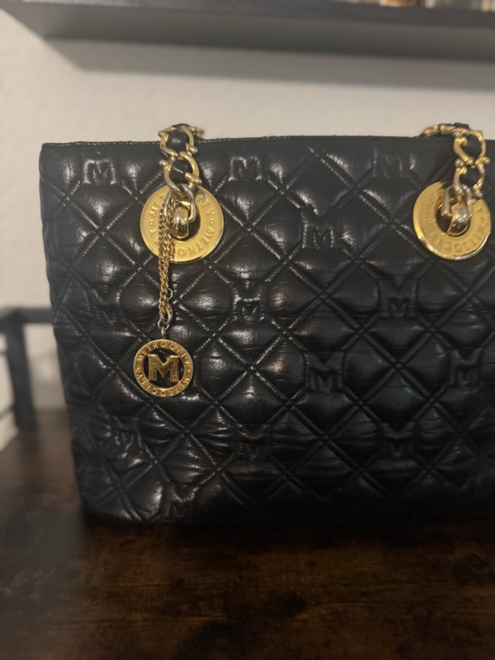 Metro City Black Quilted Leather Tote with Gold Chain straps. - Picture 10 of 10